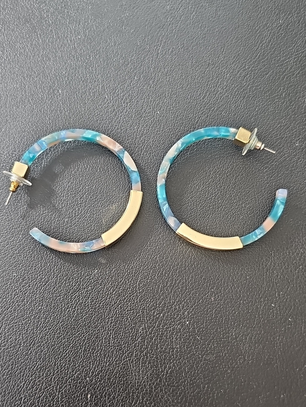 Chico"s Gold Accent Turquoise Marbled Hoop Earrings - Women Jewelry